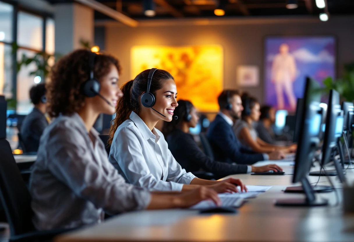 Customer service representatives managing calls effectively with advanced technology in a busy office setting.