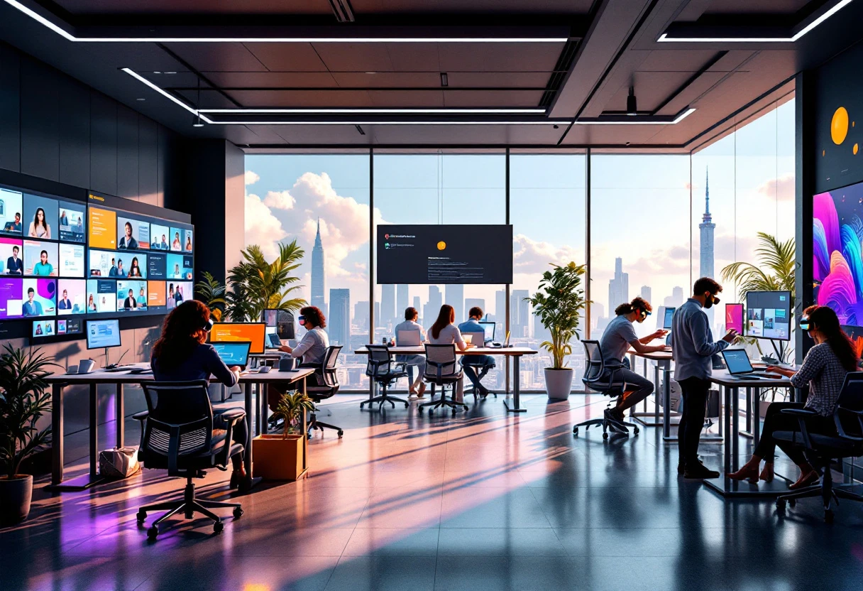 Image of a modern workspace featuring employees using online phone systems, showcasing seamless communication with digital devices and collaborative tools.