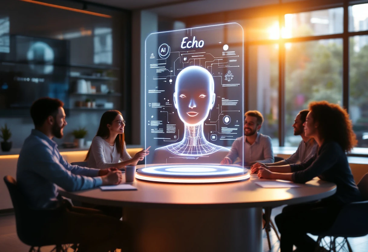 Illustration of a modern office setting where employees are collaborating seamlessly with digital tools, showcasing interaction with an AI receptionist interface in action.