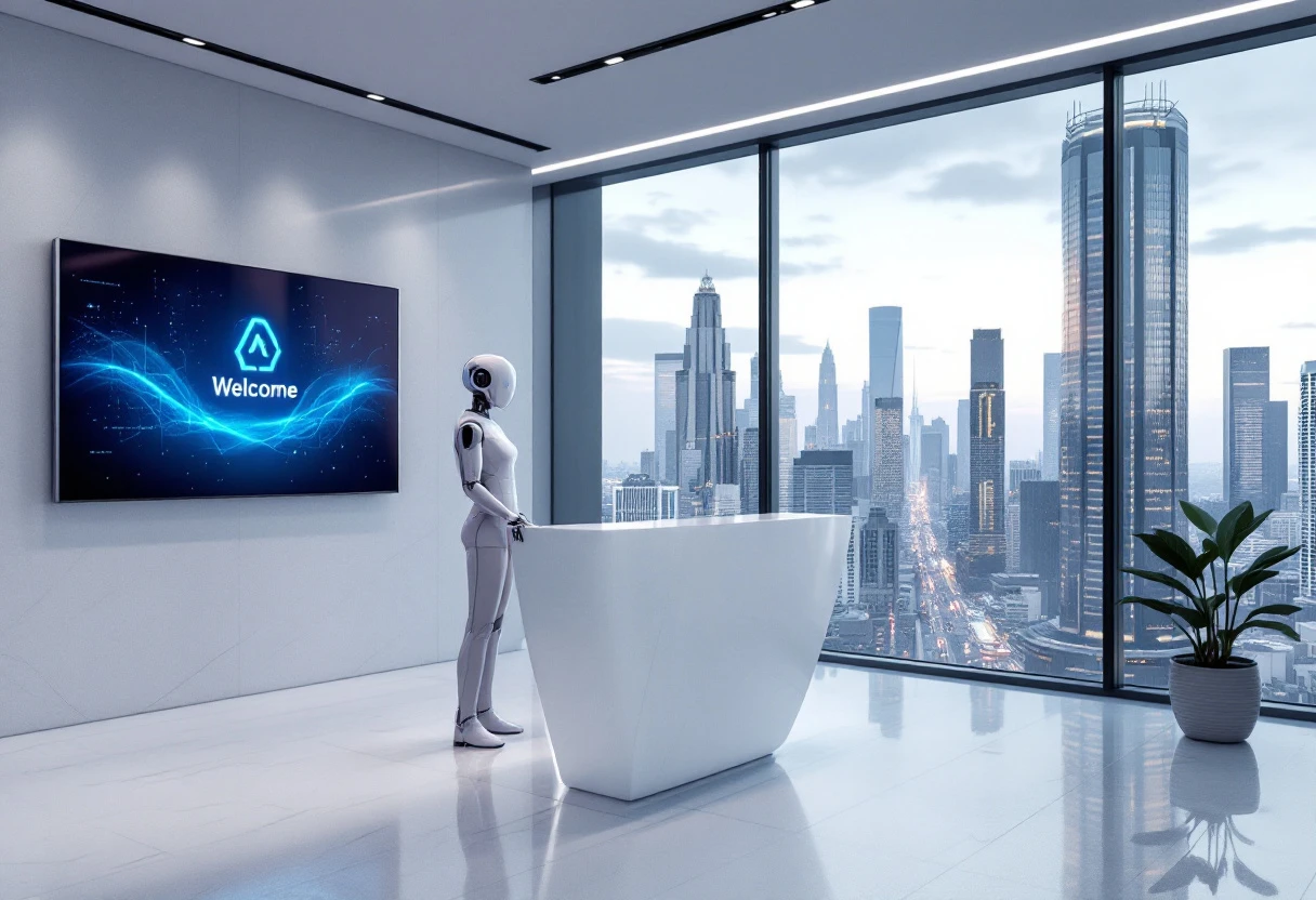 A modern office space with an AI receptionist interacting with clients, showcasing branding elements and personalized features.