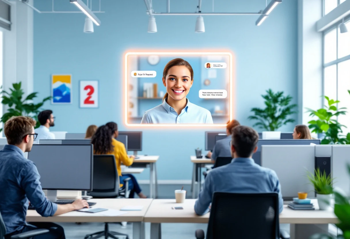 An image of a busy office with a digital display showing a friendly AI interface, illustrating efficient customer service in action.