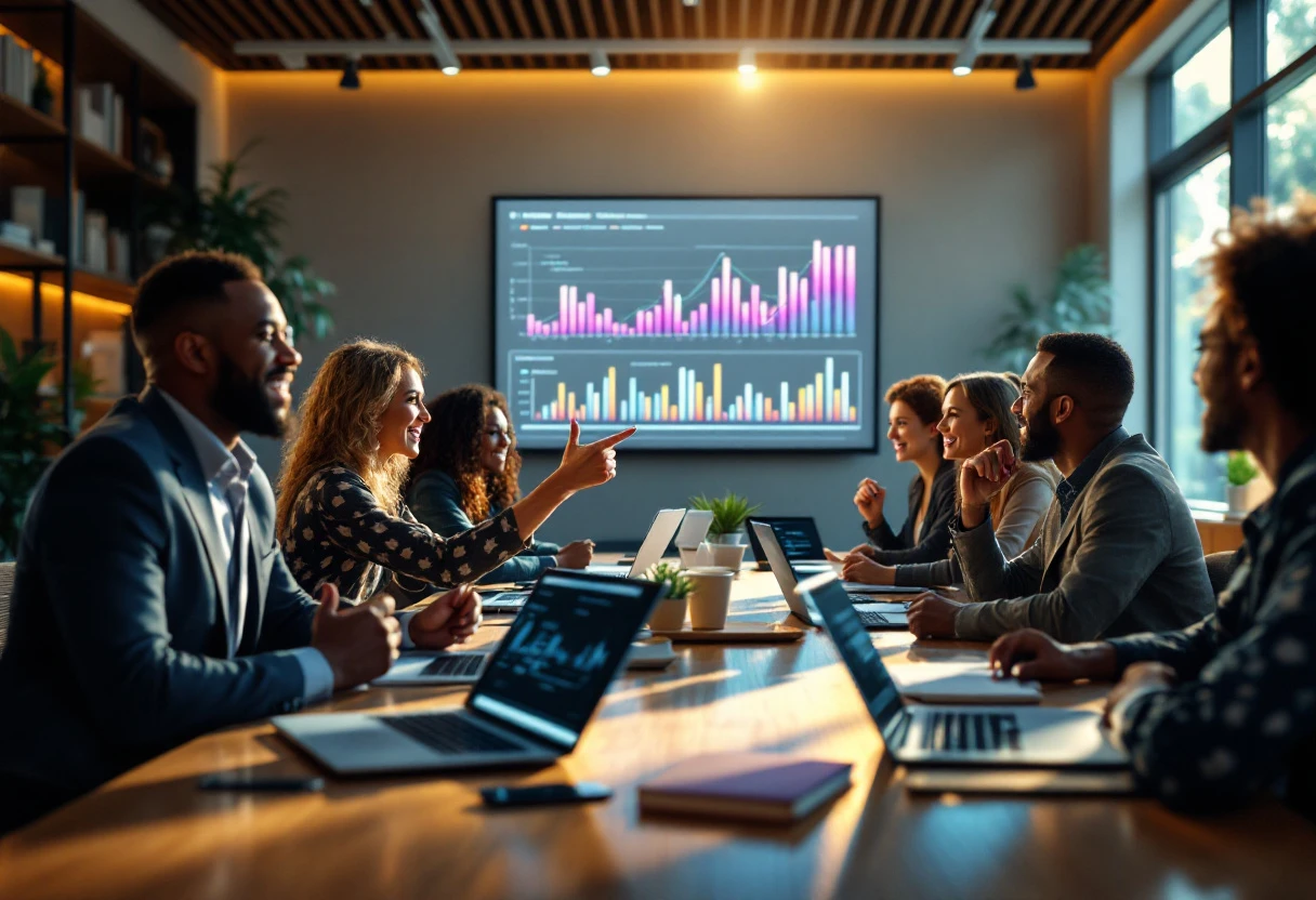 An illustration of a team meeting where business owners are discussing their customer engagement strategies, featuring visual charts and AI technology.