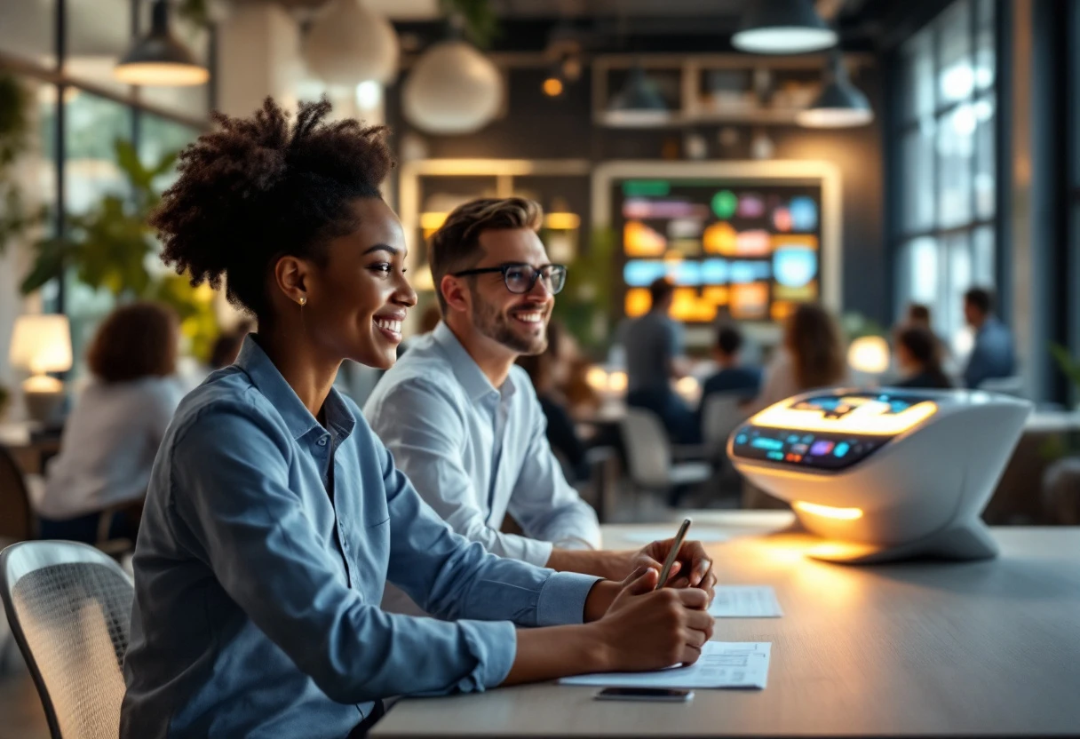 A vibrant office setting with employees interacting with clients while an AI-powered system is actively managing calls in the background.