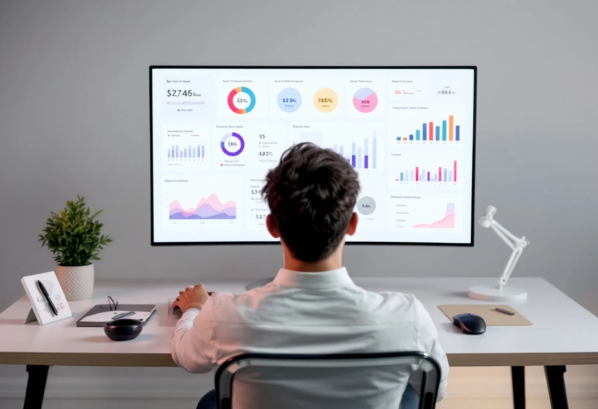 An image showing a user interacting with a modern dashboard filled with visual data analytics for lead management.