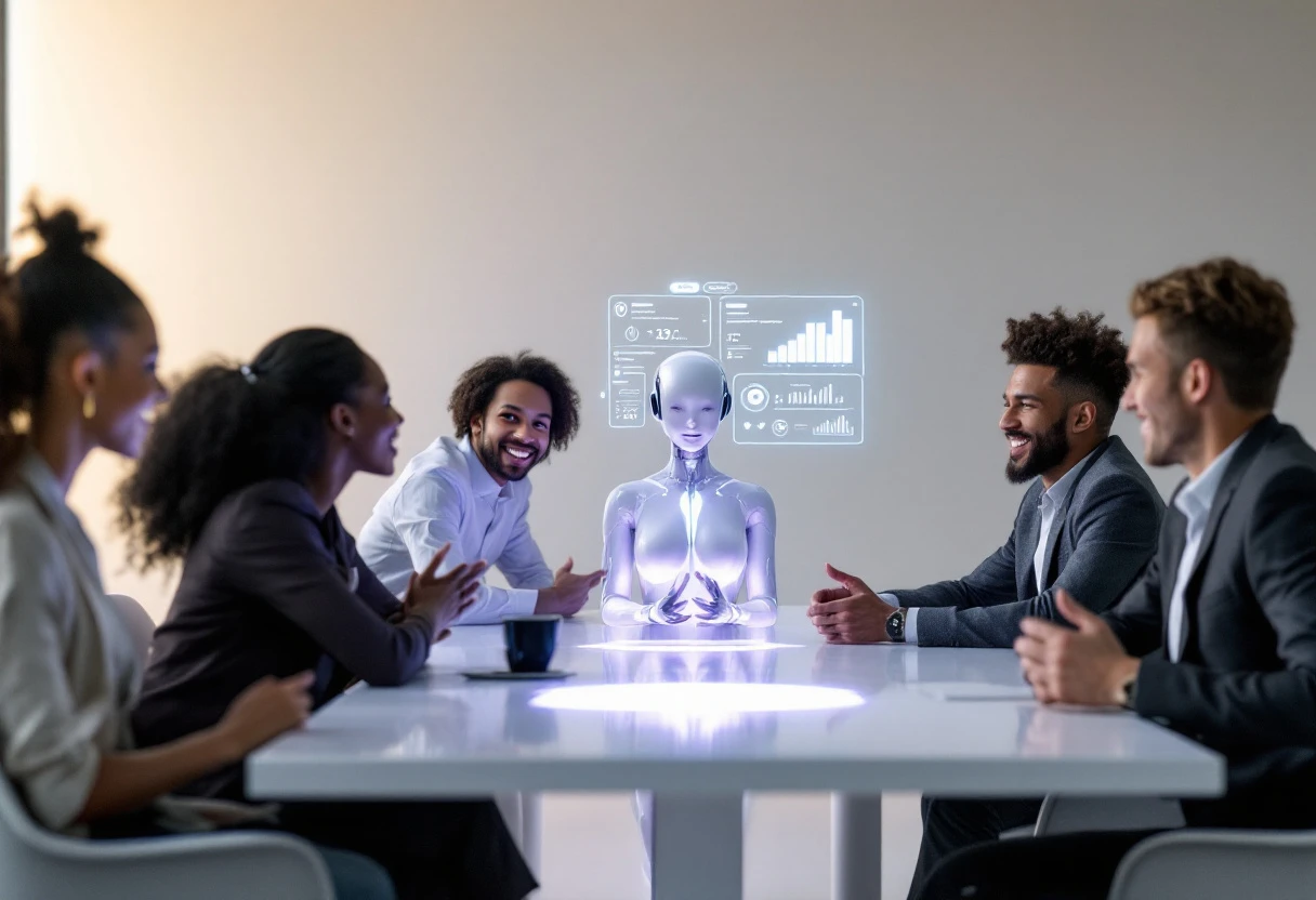 An illustration showing a business team engaging with an AI receptionist, showcasing a friendly and efficient interaction.