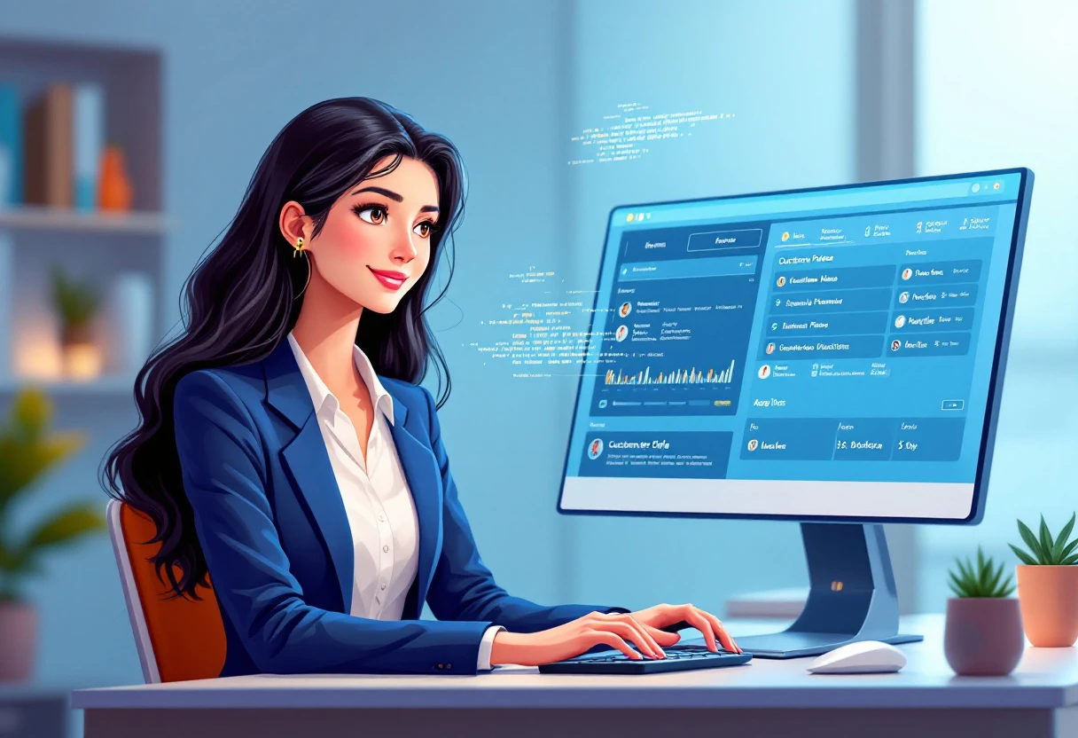 An AI receptionist engaged in a conversation with a customer, displaying a friendly demeanor and a visible screen with customer data.