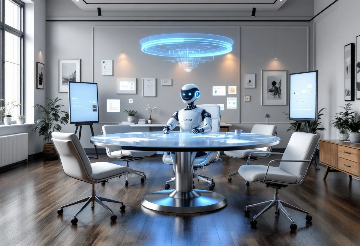 A vibrant office setting with a friendly AI avatar assisting customers through multiple digital platforms.