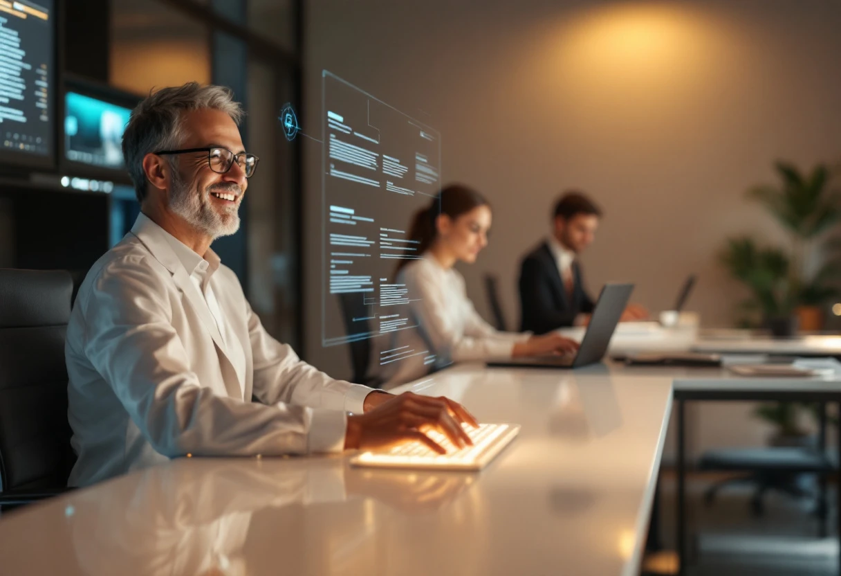 An illustration showing a law office with a friendly AI receptionist interface engaging with clients while lawyers work in the background.