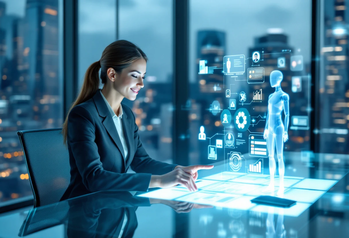 An image of a modern law office with a digital interface where a law firm staff member interacts with AI technology to manage client inquiries seamlessly.