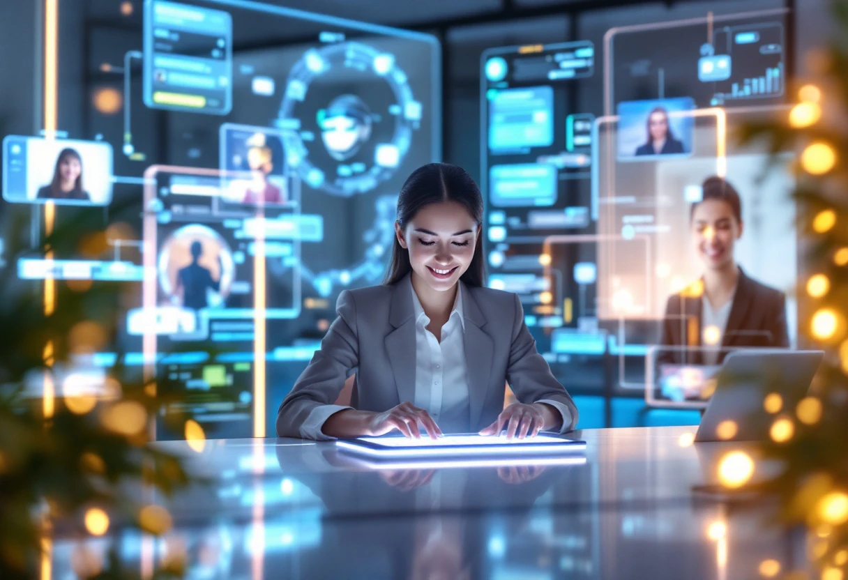 A creative visual representation of an AI receptionist interacting with diverse customers through various digital platforms.