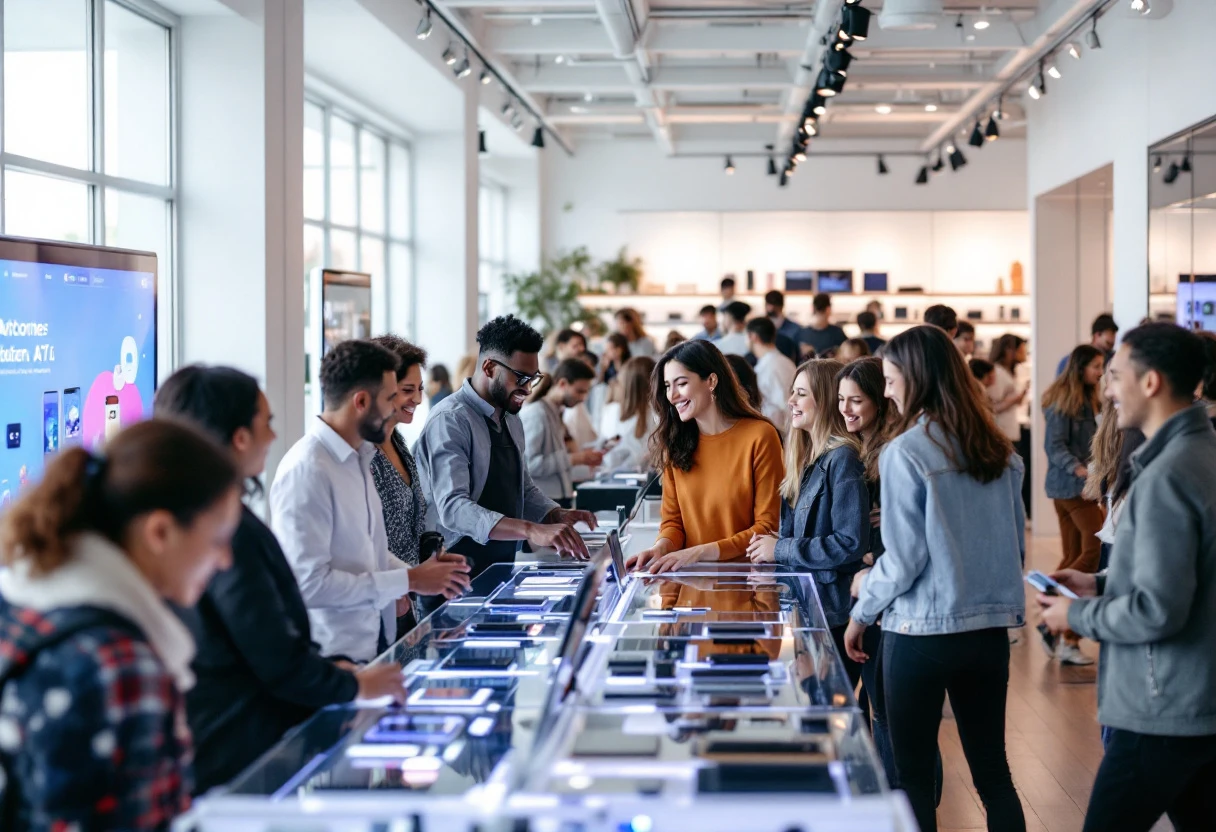 A vibrant scene of a modern retail store with customers interacting happily with both staff and an AI kiosk in the background, signifying the blend of human and technology.