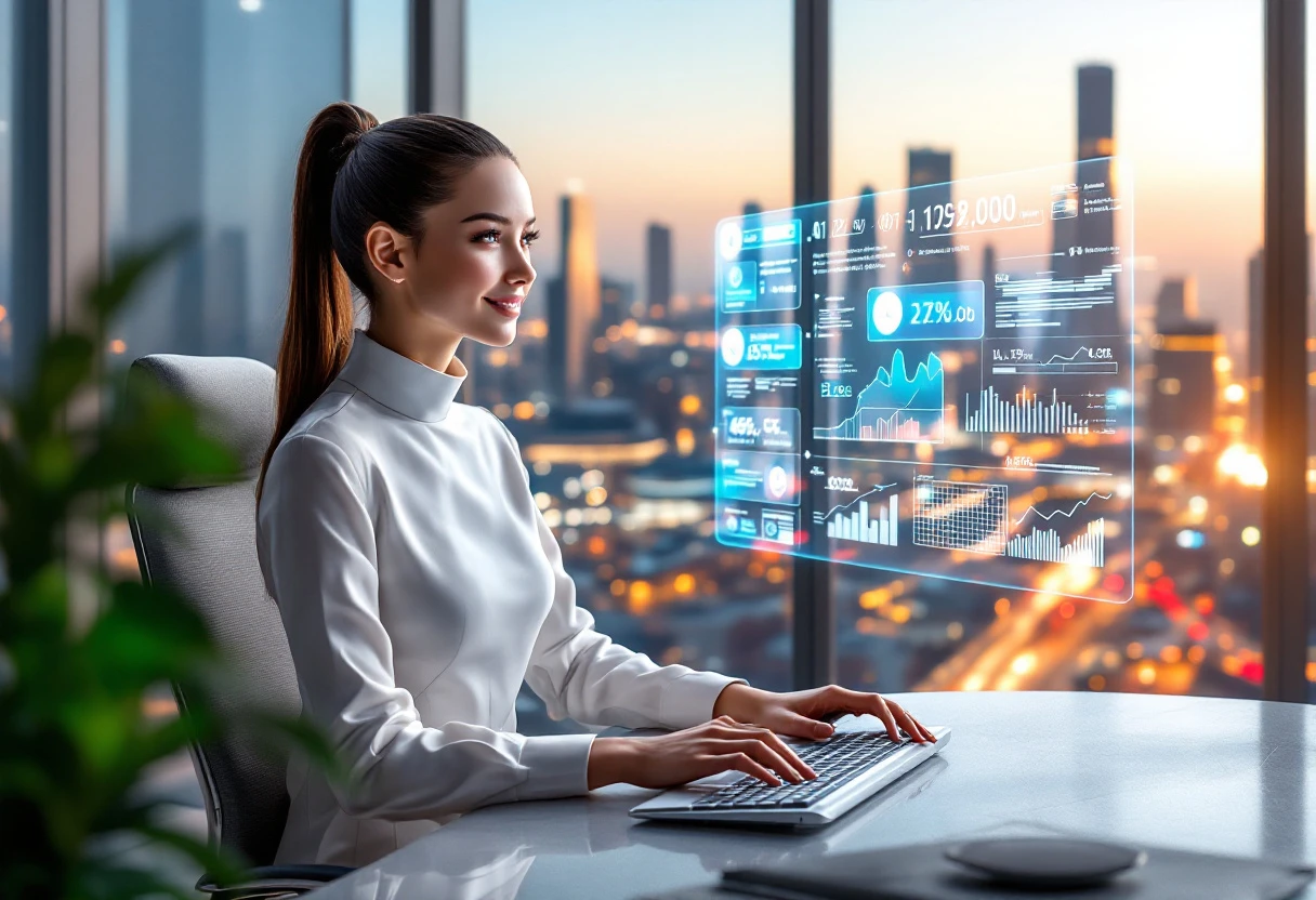 Image depicting an AI receptionist interacting with clients through a digital interface, with elements showing data analytics around them, symbolizing efficient lead capture.