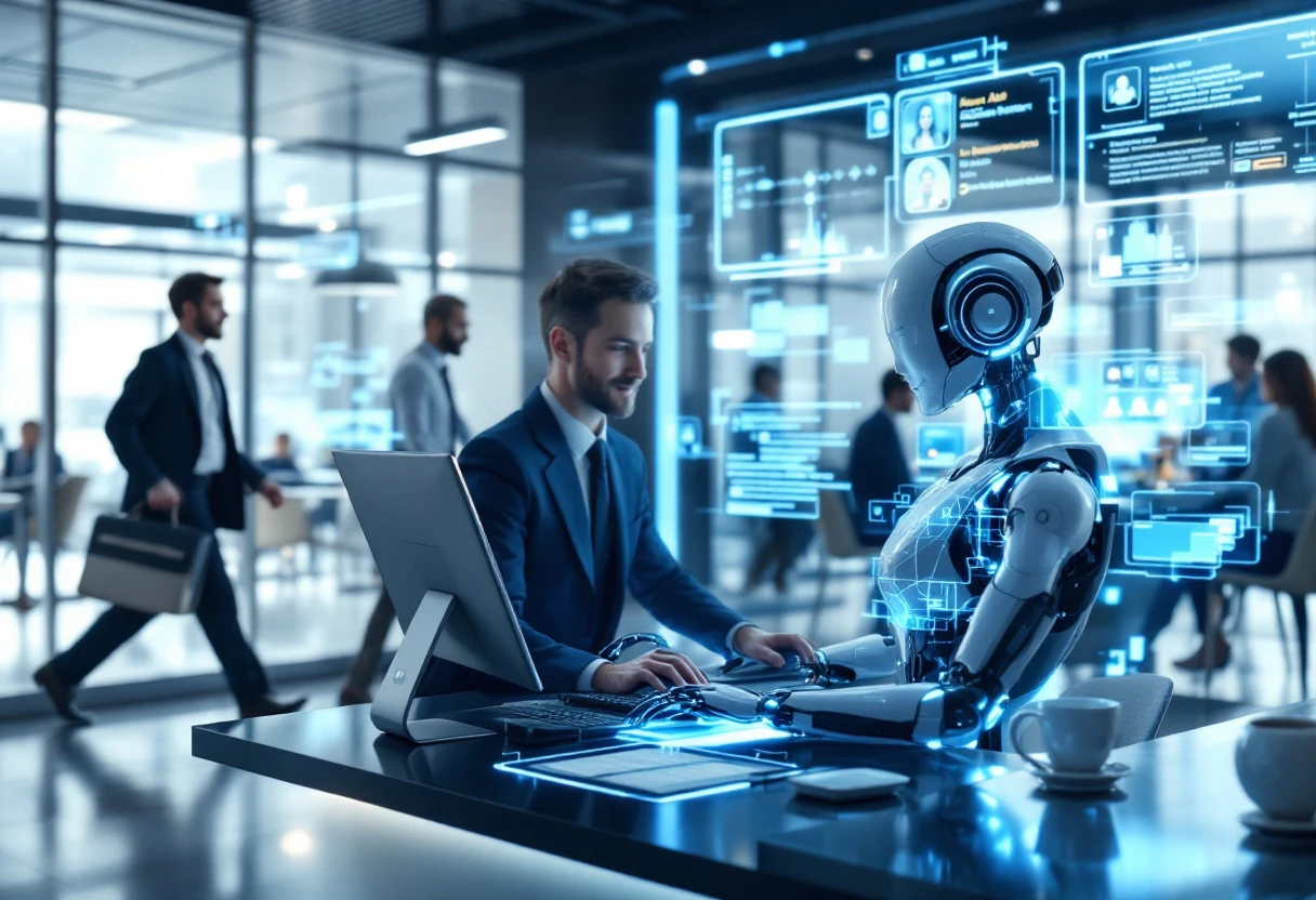 An engaging image of a busy office environment with an AI receptionist at work, illustrating the concept of handling multiple interactions seamlessly.