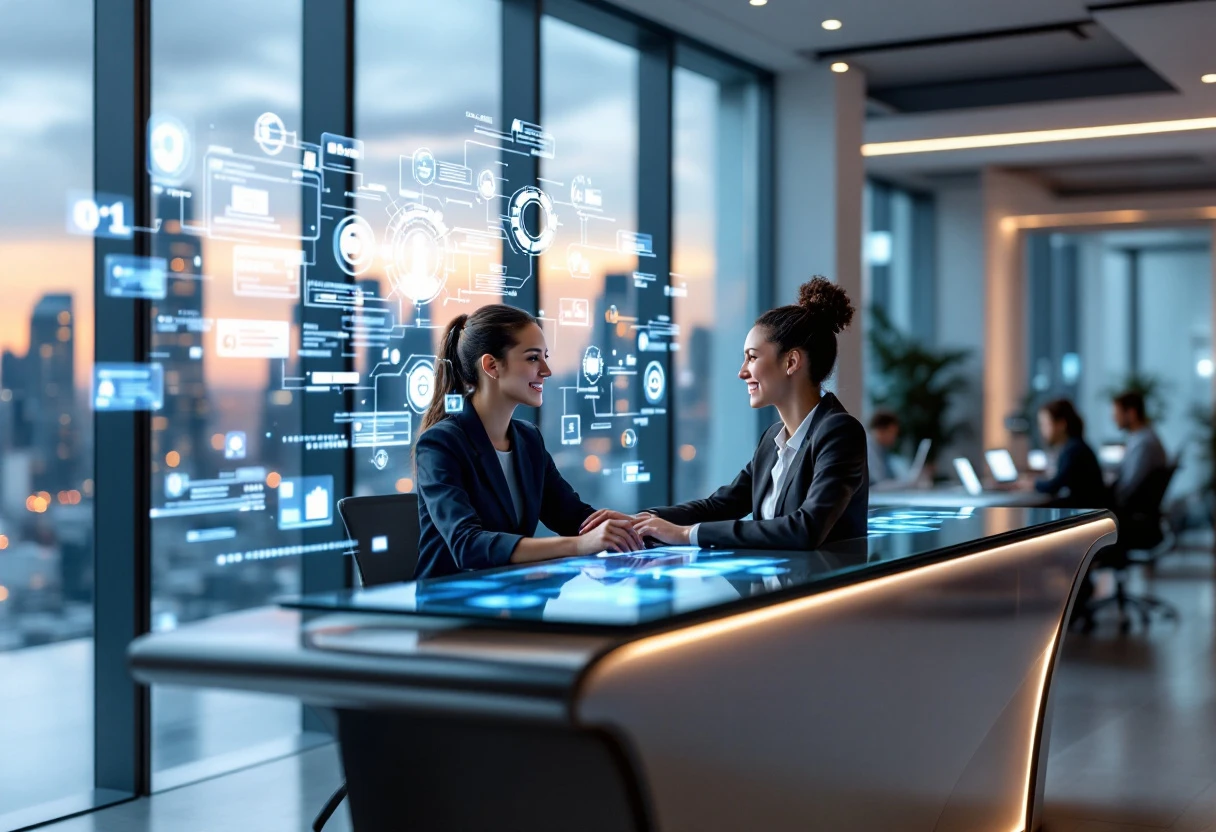 Image of a modern office with an AI interface assisting a friendly human receptionist, showcasing collaboration between technology and staff.