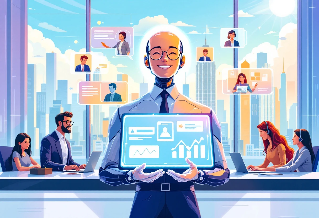 A vibrant graphic showing the interaction between an AI receptionist and various business sectors, illustrating seamless communication and lead management.
