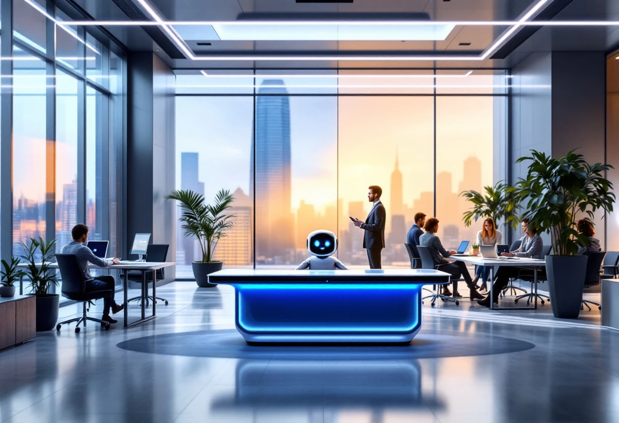 A vibrant image of a modern office environment with a digital screen displaying the functionalities of an AI receptionist, depicting a blend of technology and customer interaction.