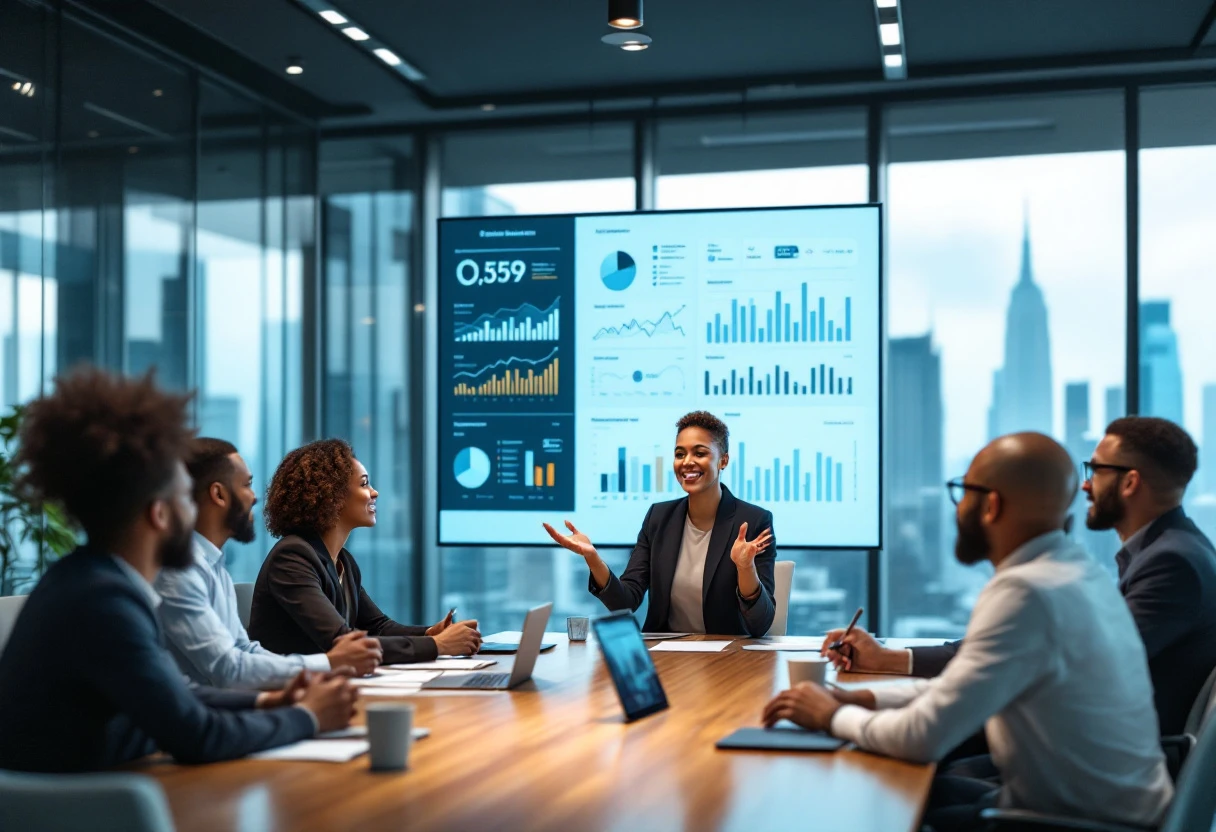 Image of a modern office environment where an AI system is enhancing customer interactions, showing a team discussing strategies alongside data analytics.