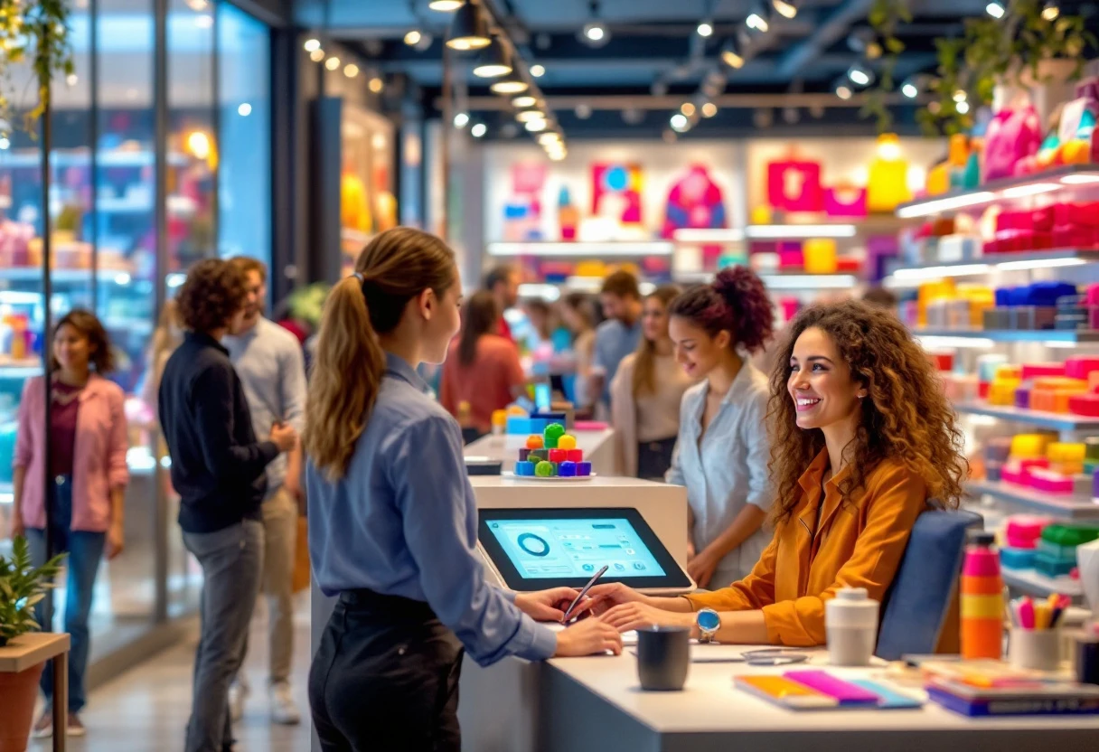 A vibrant retail storefront bustling with customers, highlighting an AI receptionist visible in the background offering assistance.