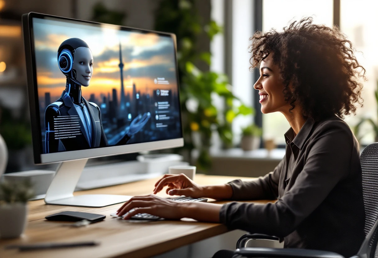 A vibrant graphic showing a small business owner interacting with a digital AI receptionist on a computer screen, highlighting modern communication technology.