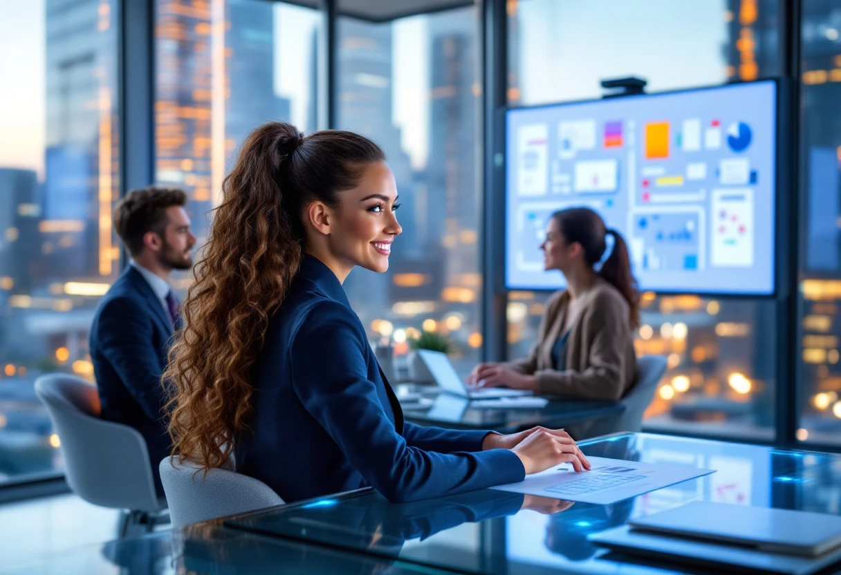 An innovative image depicting a friendly AI receptionist interface interacting with various small business clients in a modern office setting.