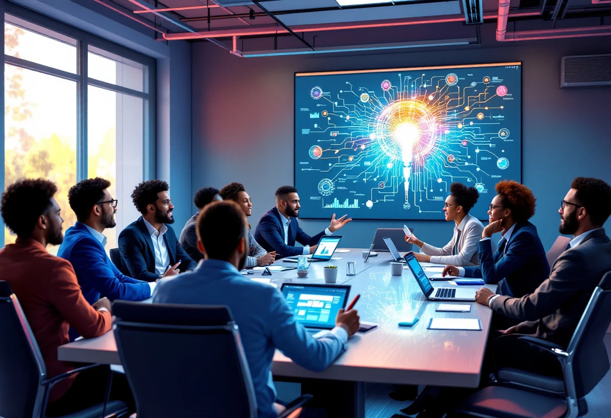 A vibrant illustration of a business meeting with a team discussing AI solutions, showcasing laptops and interactive charts.