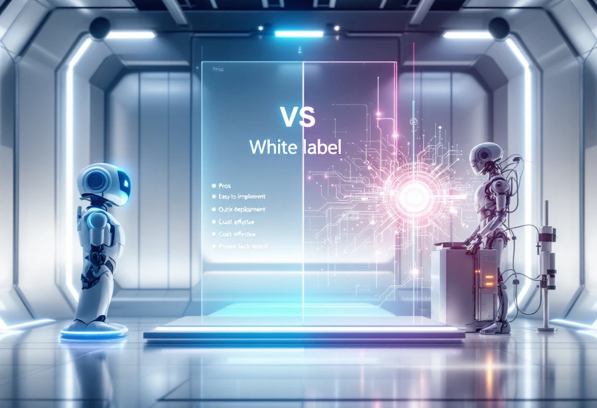 An engaging image illustrating the comparison between white label and custom AI solutions, featuring a split view with pros and cons listed for each.