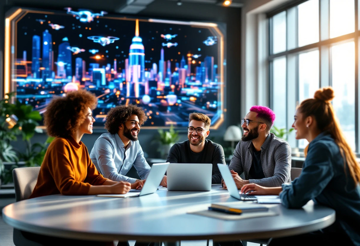 Visual representation of a successful business team collaborating with AI technology in a modern office.