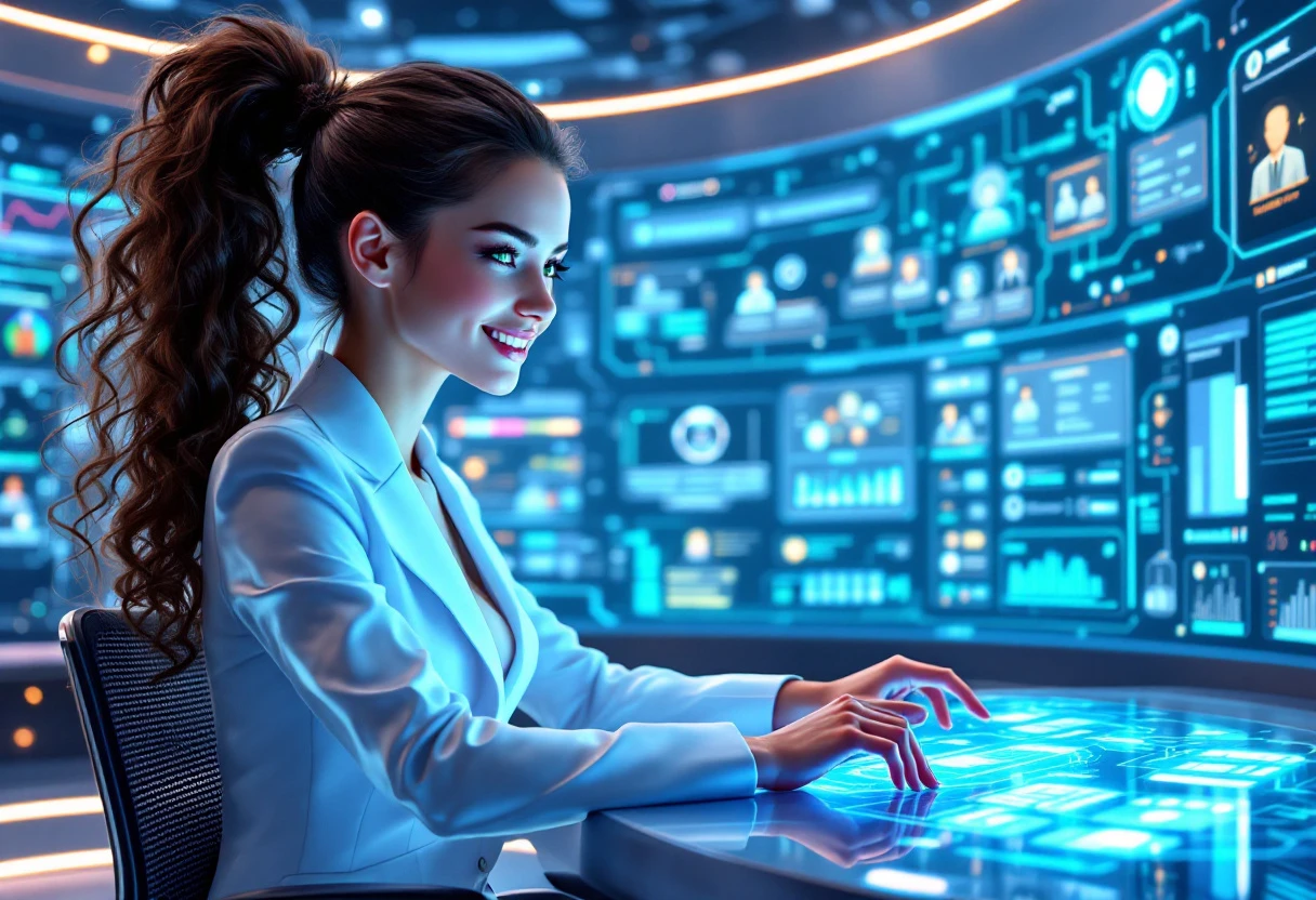 A vibrant illustration showing an AI receptionist in action, connecting a customer call to various departments in a digital network.