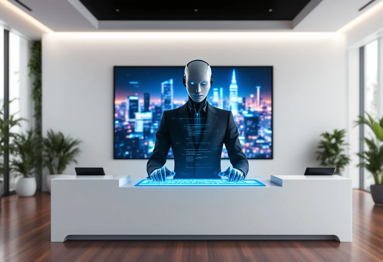 A creative image of a modern office with a digital interface showcasing the concept of AI receptionist technology