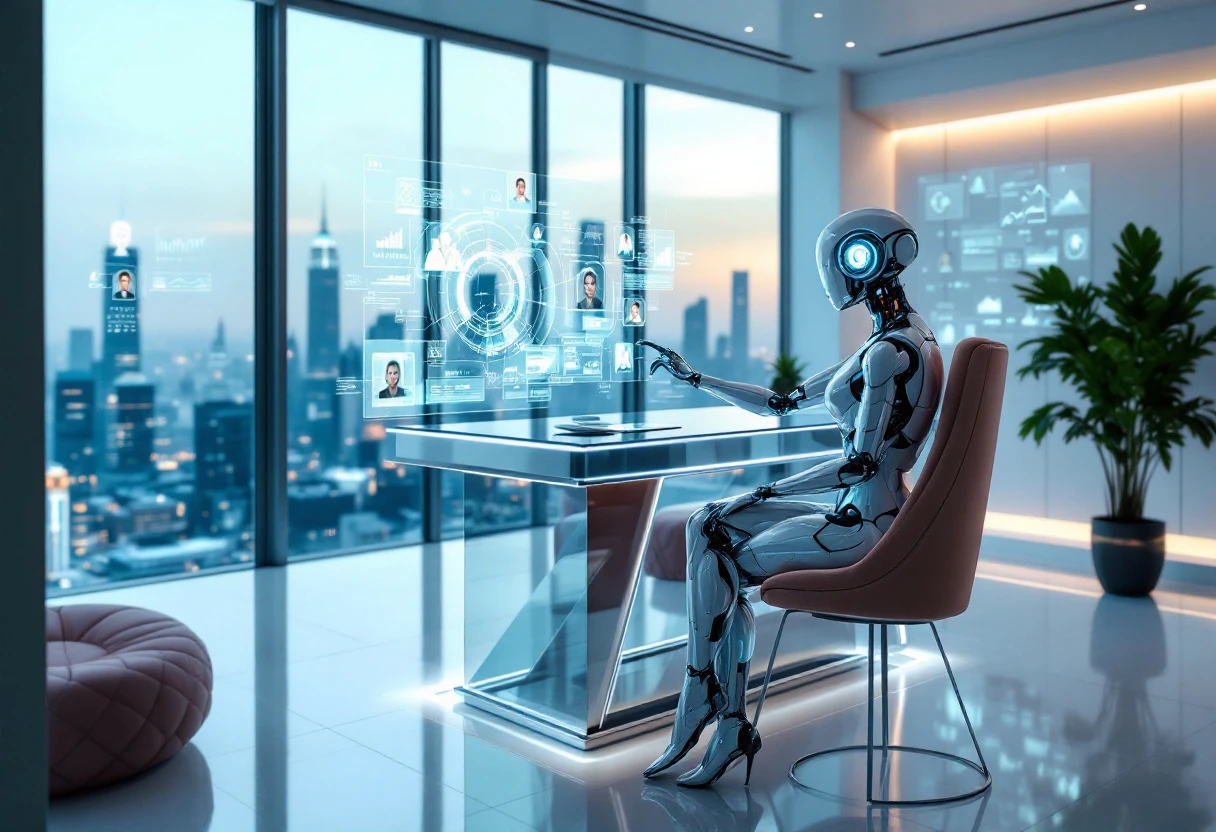 An image displaying a busy office environment with an AI receptionist at work, analyzing data and interacting with clients on a screen.