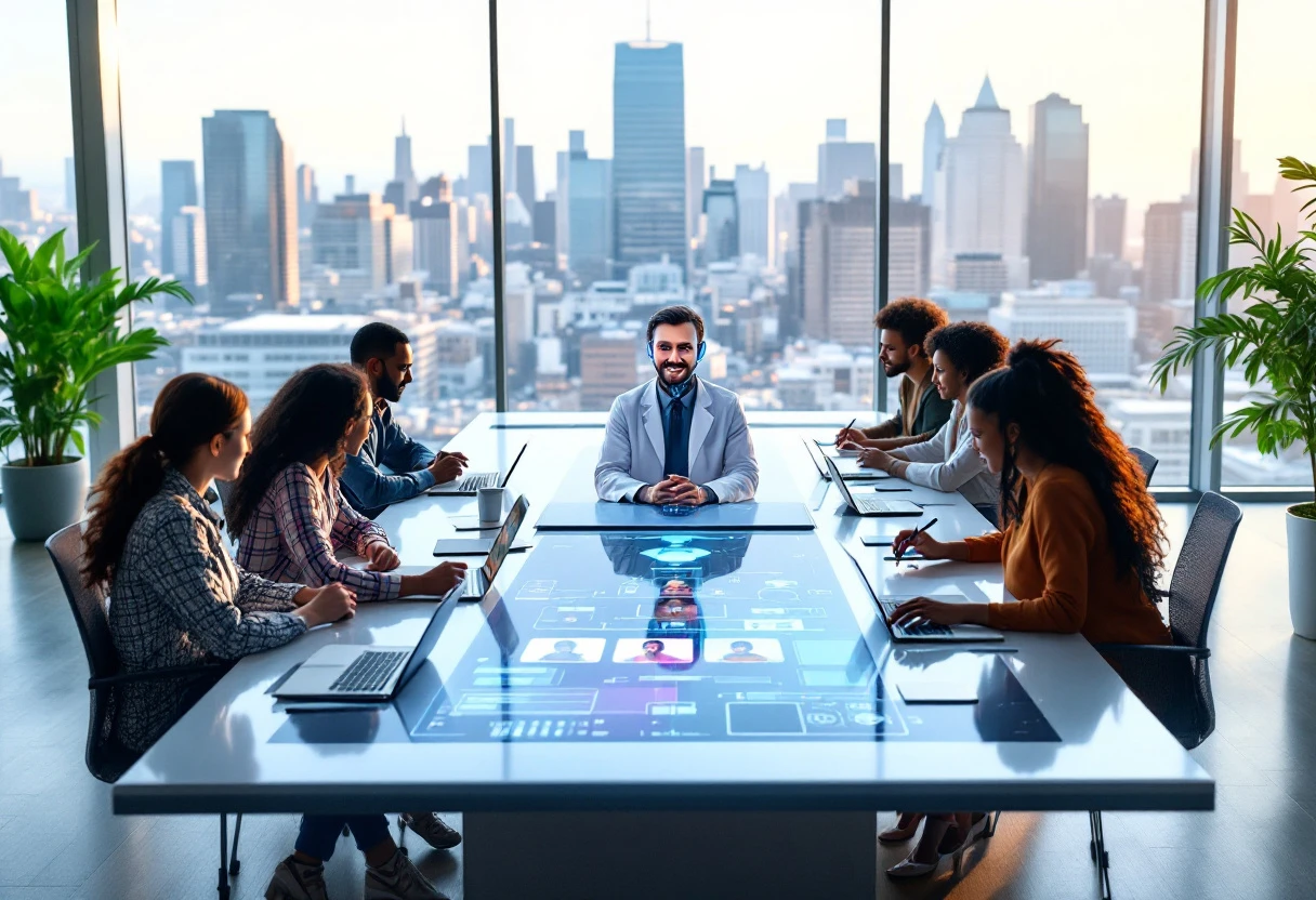 Image of a diverse team collaborating around a digital interface that shows an AI receptionist interacting with clients via various platforms.