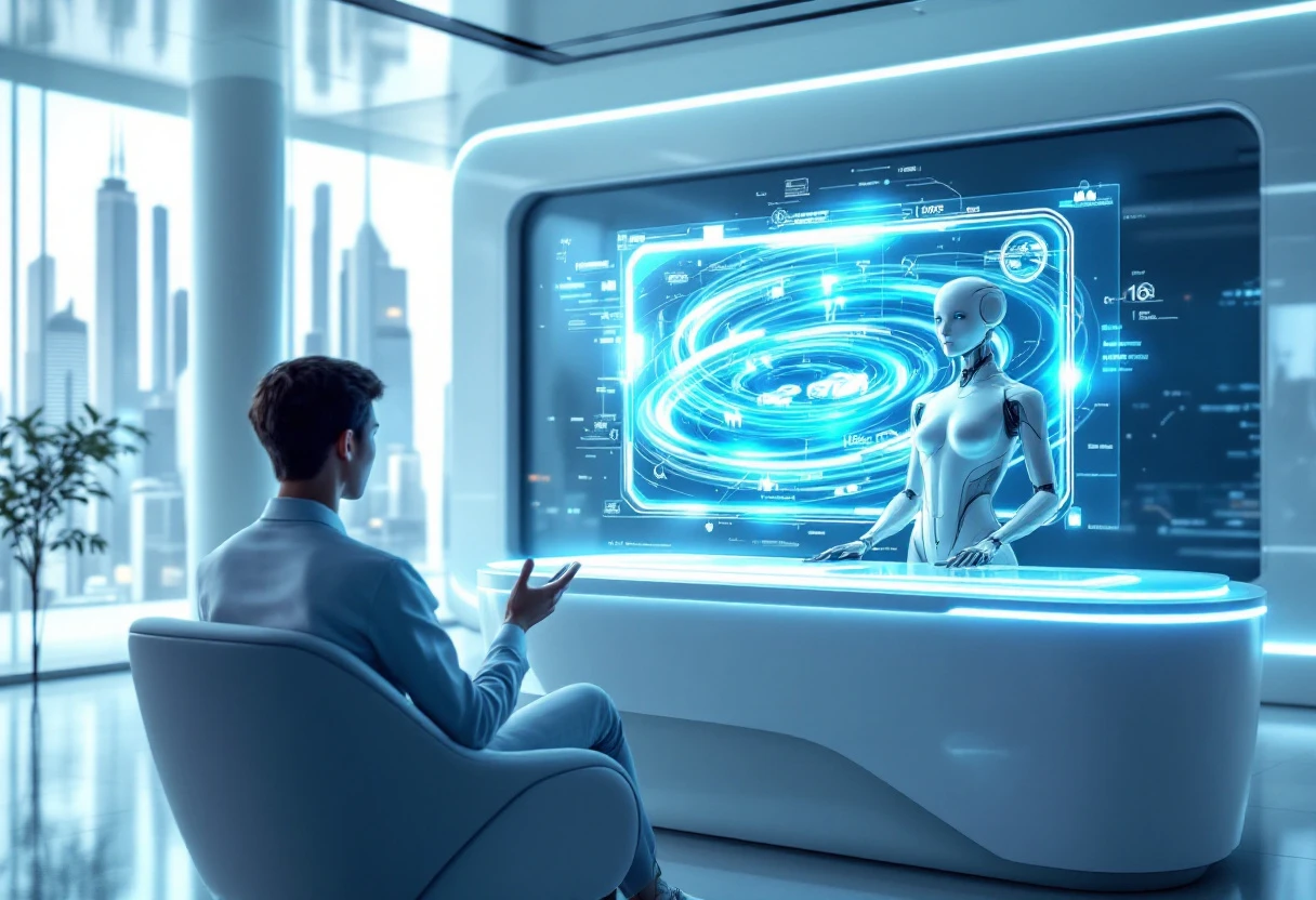 A dynamic visual showcasing an AI receptionist interacting with customers through various platforms, reflecting a blend of technology and personal touch.