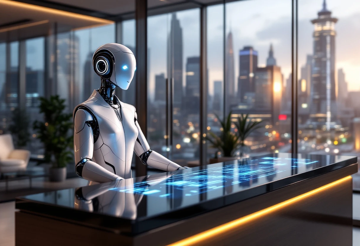 Illustration of a modern business environment with an AI receptionist interacting with customers, showcasing seamless integration across devices.