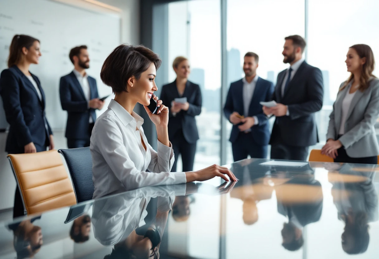 A vibrant office setting featuring a modern AI receptionist in action, engaging politely with a customer over the phone while a sales team observes the demo.