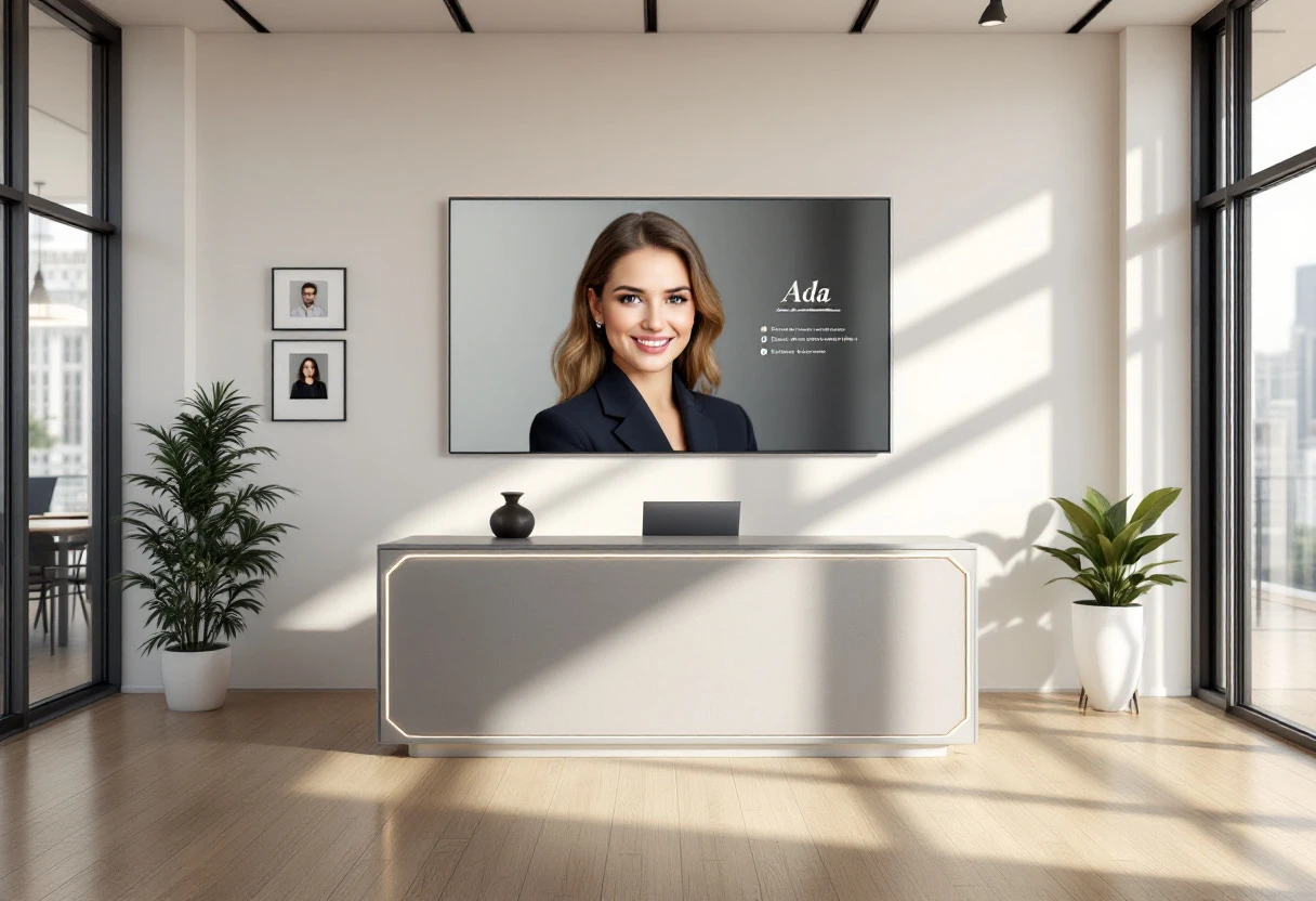 A professional office environment where a small law firm uses a customized AI receptionist interface on a screen, blending technology with personalization.