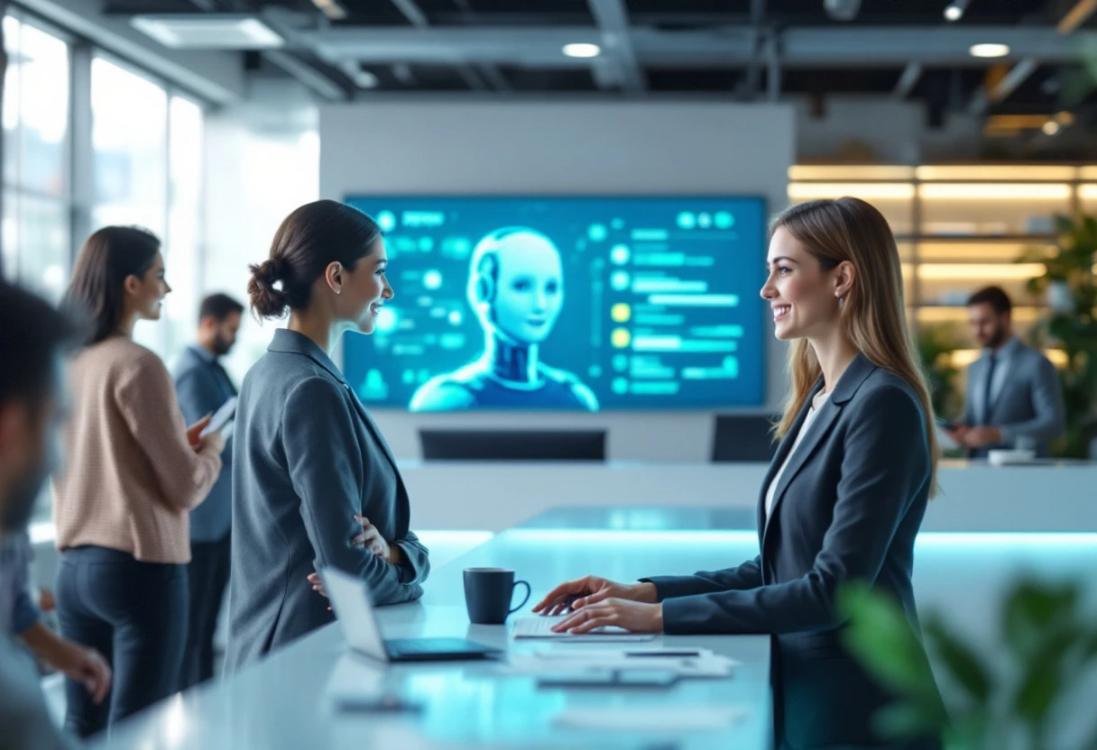 An image of a busy office setting with an employee assisting customers while an AI receptionist system operates seamlessly in the background.