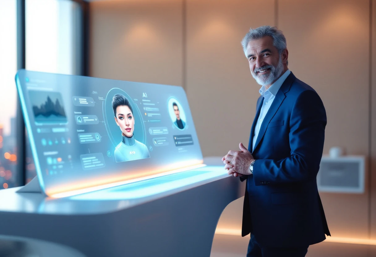 An image depicting a business owner interacting with a digital AI receptionist interface, illustrating the integration of technology in customer service.