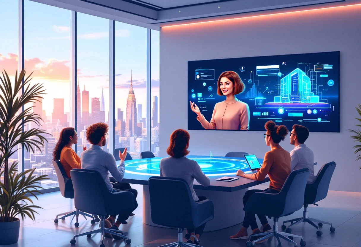 An illustration showing a team collaborating with an AI receptionist, featuring a modern office environment with technology integration.