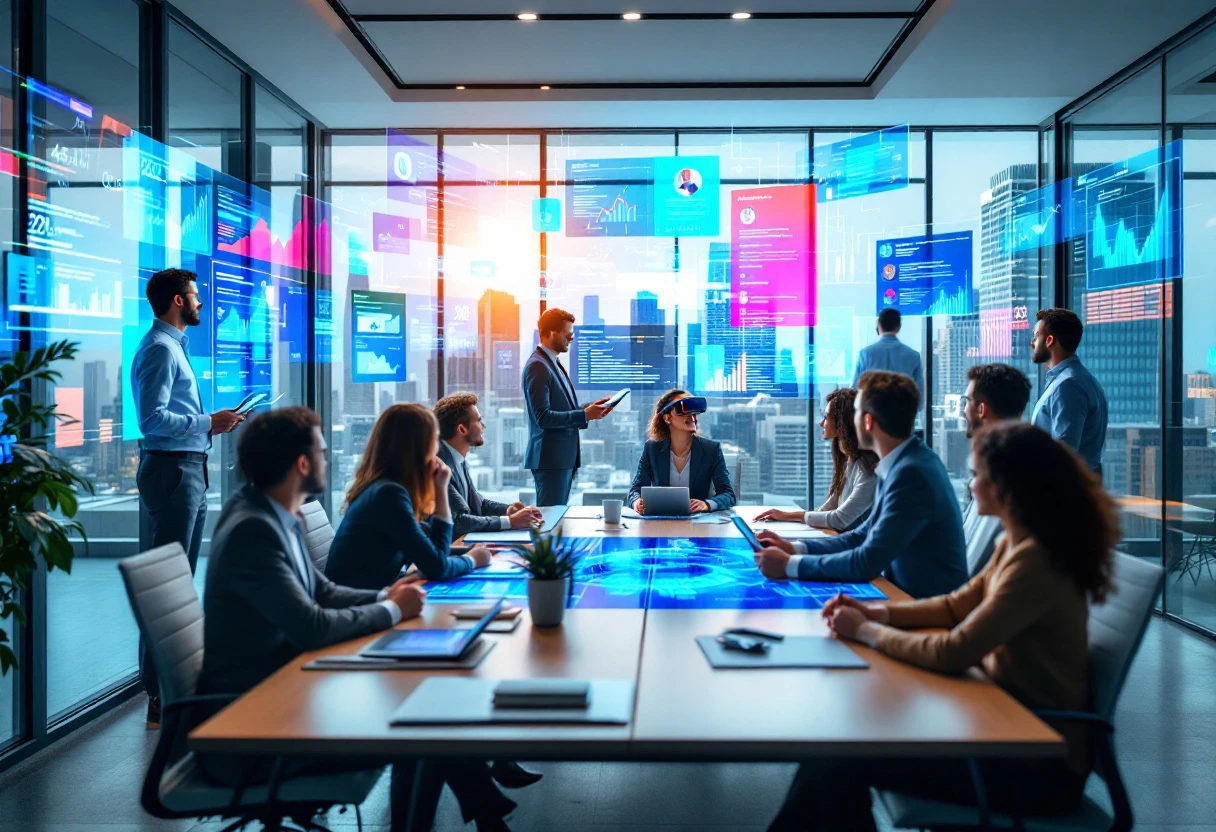 An engaging image of a busy office setting with employees confidently interacting with clients, enhanced by visible AI interface graphics.