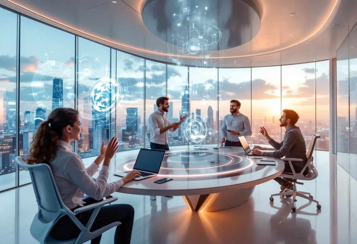 A vibrant office setting where team members interact with AI technology, showcasing a seamless blend of human and AI collaboration.