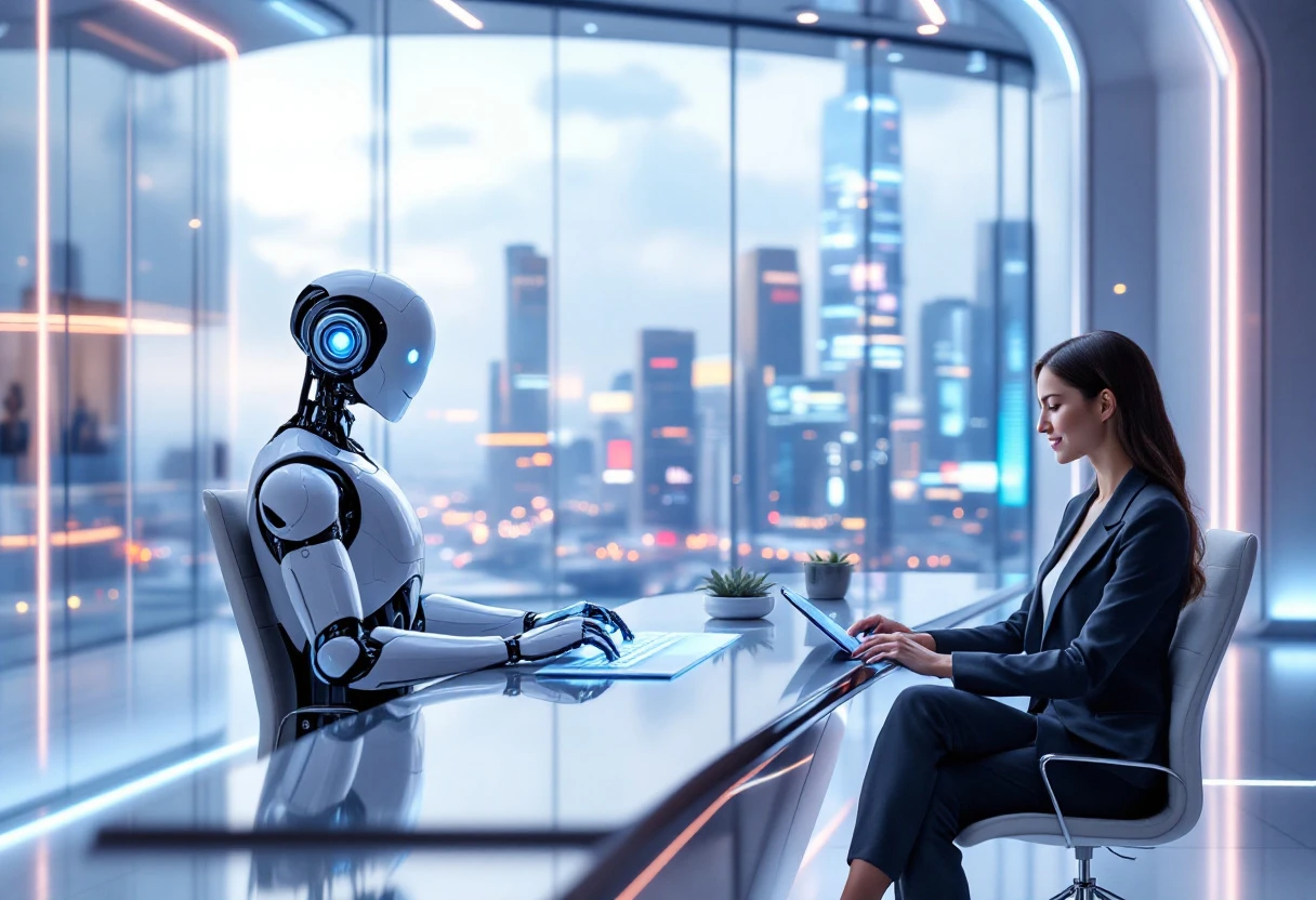 A visual representation of an AI receptionist interacting with clients, demonstrating modern technology and efficient workflows.