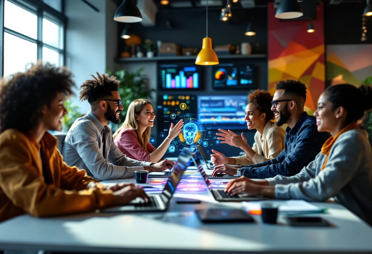 A vibrant office scene showing a diverse team working with an AI technology interface, interacting with clients through various devices.