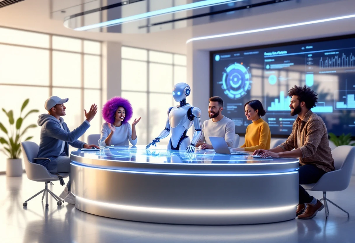 An illustration of a diverse team interacting seamlessly with an AI receptionist interface, highlighting collaboration between humans and technology.