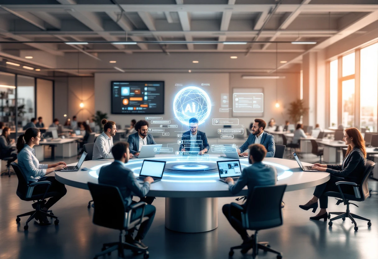A modern office environment showing employees collaborating with AI technology for customer service.