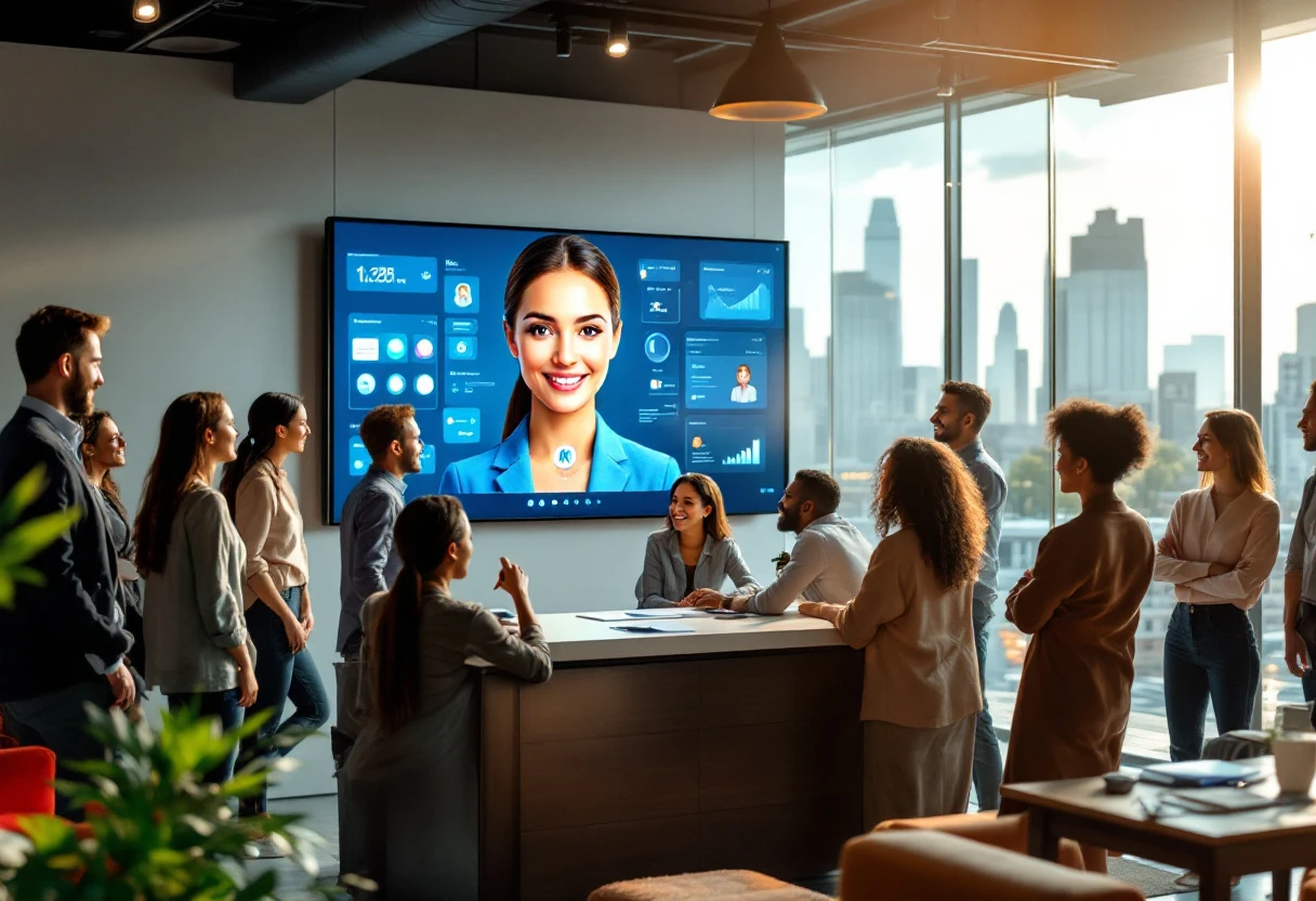 A lively office scene featuring a diverse group of employees happily interacting with an AI receptionist on multiple screens, showcasing technology in action and positive work dynamics.
