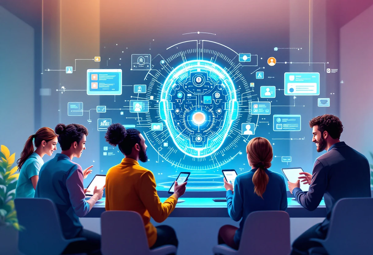 An illustration showing a diverse range of customer interactions being efficiently managed by an advanced AI-powered system, emphasizing engagement and speed.