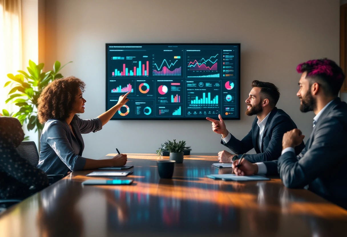 Image showing a team meeting discussing data analytics driven from AI receptionist interactions, with charts and graphs illustrating insights