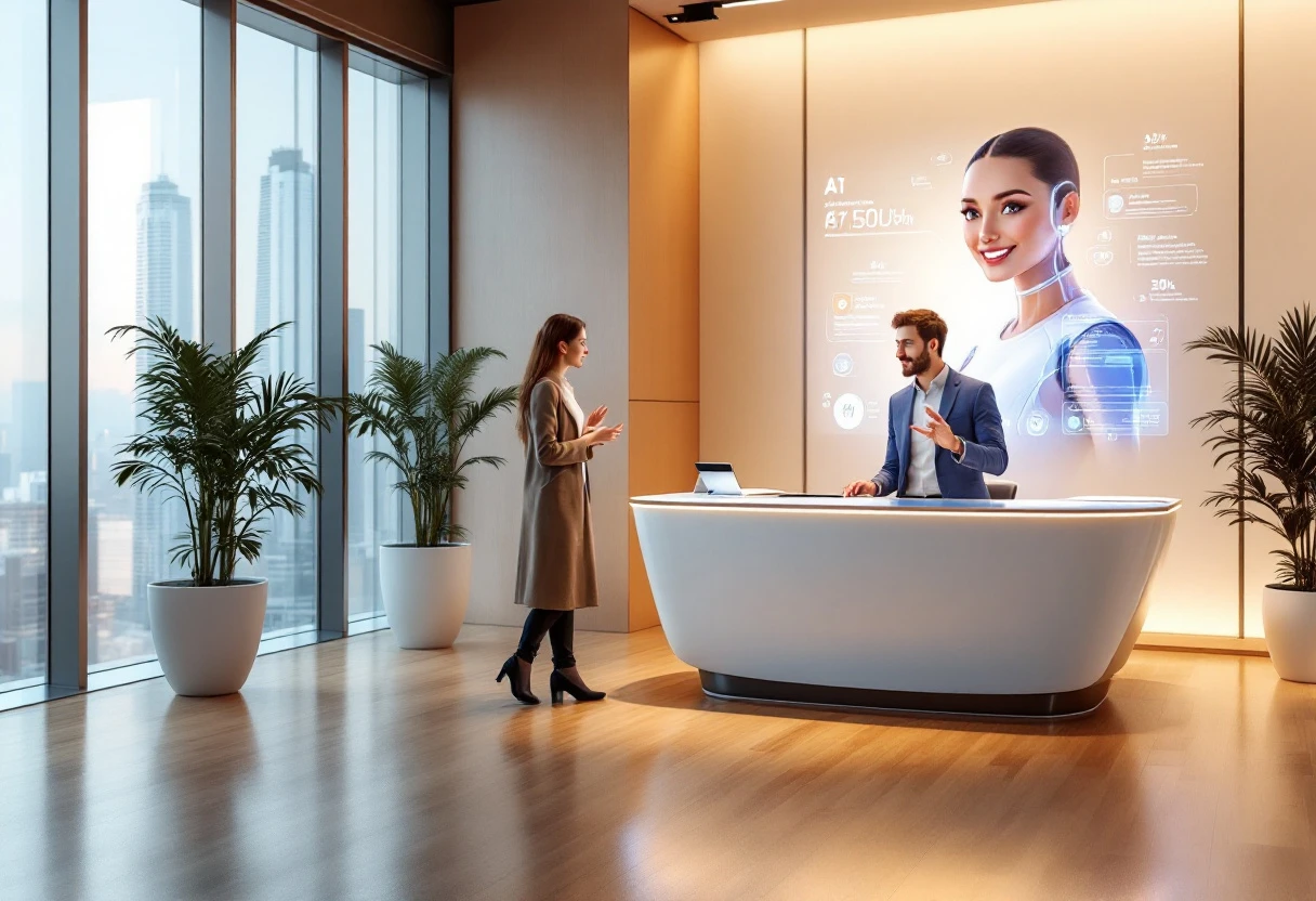 A creative and modern office space where an AI receptionist assists customers on a digital screen, showcasing an engaging interaction.