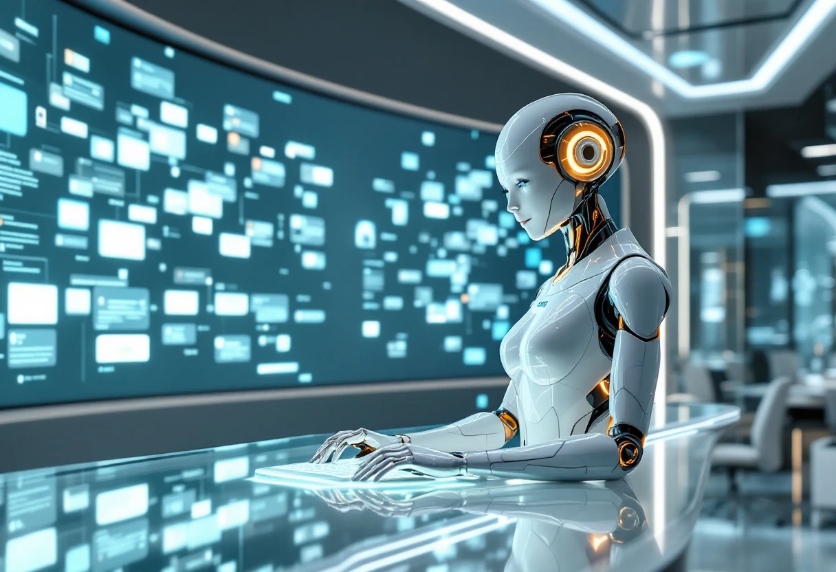 A busy office setting with an AI receptionist interacting with customers through multiple channels, showcasing modern technology in customer service.