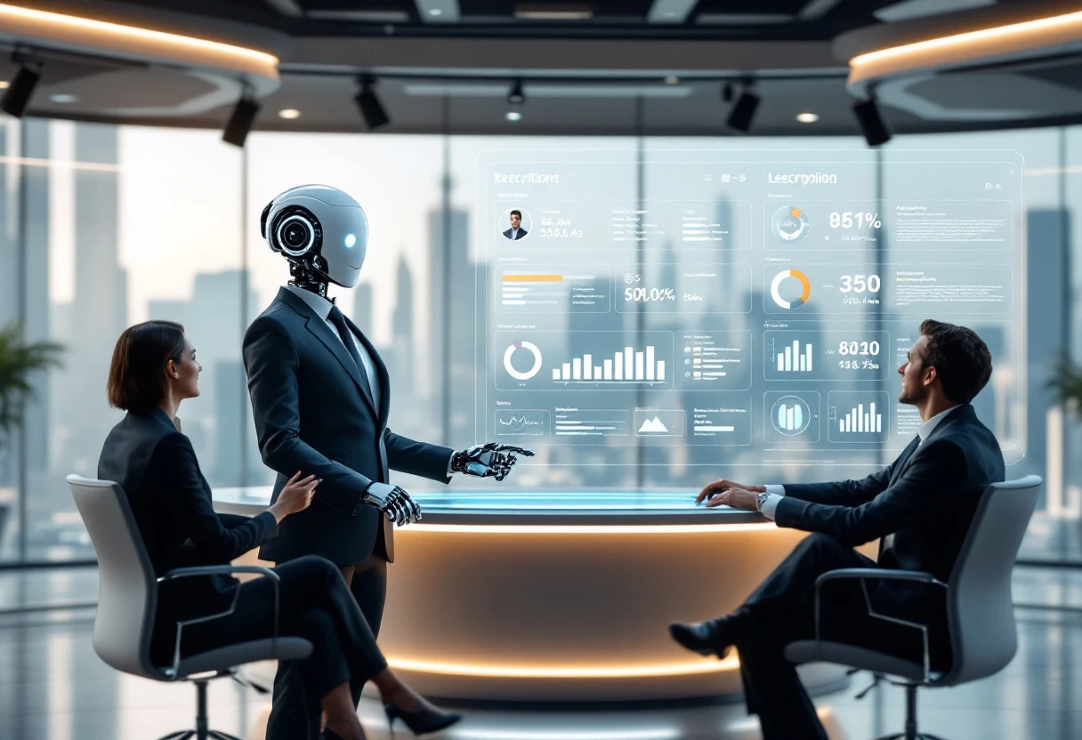 Image depicting an AI receptionist interacting with a sales team, showcasing a digital interface filled with organized lead data and personalized follow-up prompts.